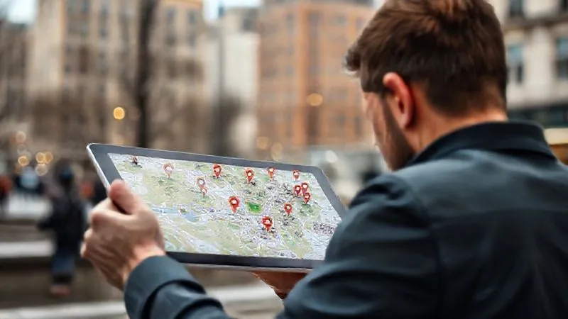 A person intently looking at a detailed digital map of a city park on a tablet, surrounded by virtual pins indicating points of interest, with a blurred background of urban architecture, photorealistic, professional photography, 8K, cinematic lighting, sharp focus, depth of field, shot on a high-end DSLR. A person intently looking at a detailed digital map of a city park on a tablet, surrounded by virtual pins indicating points of interest, with a blurred background of urban architecture, photorealistic, professional photography, 8K, cinematic lighting, sharp focus, depth of field, shot on a high-end DSLR.