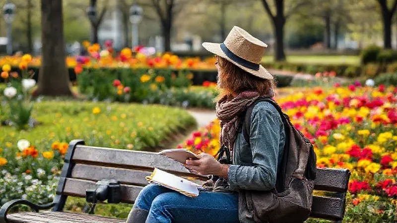 A traveler with a small sketchbook and a camera sitting on a park bench, observing a vibrant flower garden in an urban park, with a focused, contemplative expression, photorealistic, professional photography, 8K, cinematic lighting, sharp focus, depth of field, shot on a high-end DSLR. A traveler with a small sketchbook and a camera sitting on a park bench, observing a vibrant flower garden in an urban park, with a focused, contemplative expression, photorealistic, professional photography, 8K, cinematic lighting, sharp focus, depth of field, shot on a high-end DSLR.
