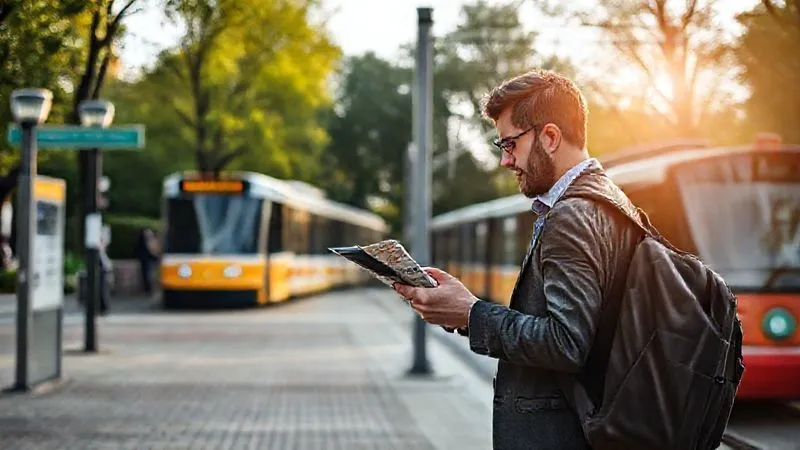 A well-dressed traveler checking a city map on their phone, standing at a clearly marked public transport stop next to a beautiful urban park entrance, with a tram or bus waiting in the background, conveying seamless transition between urban exploration and nature, photorealistic, professional photography, 8K, cinematic lighting, sharp focus, depth of field, shot on a high-end DSLR. A well-dressed traveler checking a city map on their phone, standing at a clearly marked public transport stop next to a beautiful urban park entrance, with a tram or bus waiting in the background, conveying seamless transition between urban exploration and nature, photorealistic, professional photography, 8K, cinematic lighting, sharp focus, depth of field, shot on a high-end DSLR.