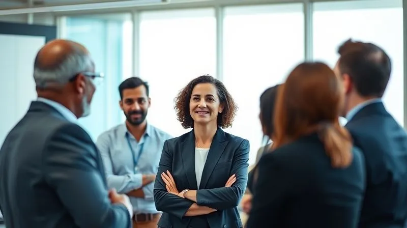 A diverse group of executives in a modern, sunlit conference room, engaged in a collaborative discussion. One executive, with a calm and centered demeanor, is leading the conversation, radiating confidence and presence. Photorealistic, professional photography, 8K, cinematic lighting, sharp focus on the group, depth of field blurring the background, shot on a high-end DSLR.