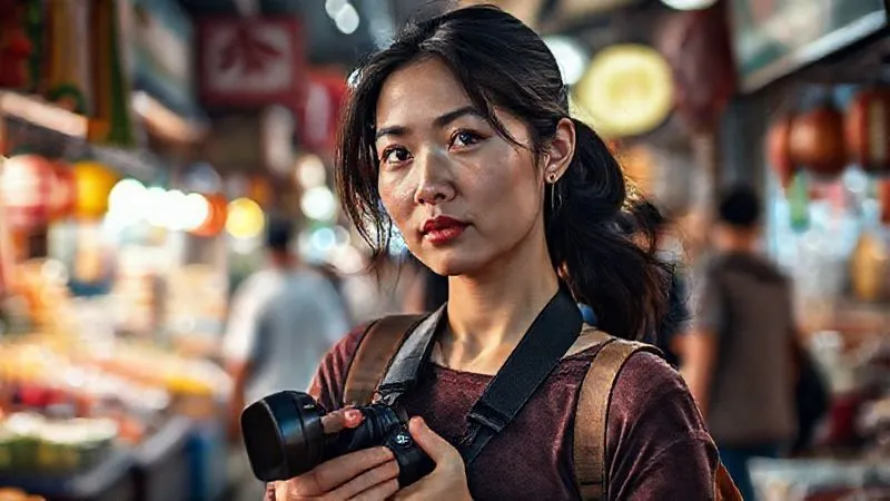 A photorealistic, professional photography image of a solo travel photographer, a woman in her 30s, discreetly shooting in a bustling Asian street market. She has her camera strap securely across her body, maintains active awareness of her surroundings by subtly glancing around, with a composed expression. Cinematic lighting, sharp focus on her vigilant demeanor, depth of field blurring the vibrant market, 8K hyper-detailed, shot on a high-end DSLR, conveying vigilance and skilled observation. A photorealistic, professional photography image of a solo travel photographer, a woman in her 30s, discreetly shooting in a bustling Asian street market. She has her camera strap securely across her body, maintains active awareness of her surroundings by subtly glancing around, with a composed expression. Cinematic lighting, sharp focus on her vigilant demeanor, depth of field blurring the vibrant market, 8K hyper-detailed, shot on a high-end DSLR, conveying vigilance and skilled observation.
