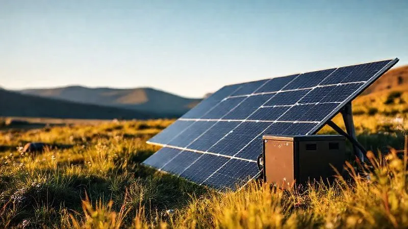 photorealistic, professional photography, 8K, cinematic lighting, sharp focus, depth of field, shot on a high-end DSLR, a sleek, modern solar panel array perfectly integrated into a lush, remote landscape, with a discreet, high-tech battery storage unit partially visible, bathed in warm morning light, symbolizing sustainable energy solutions for glamping. photorealistic, professional photography, 8K, cinematic lighting, sharp focus, depth of field, shot on a high-end DSLR, a sleek, modern solar panel array perfectly integrated into a lush, remote landscape, with a discreet, high-tech battery storage unit partially visible, bathed in warm morning light, symbolizing sustainable energy solutions for glamping.