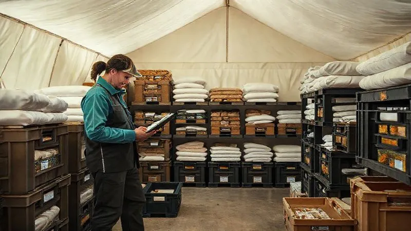 photorealistic, professional photography, 8K, cinematic lighting, sharp focus, depth of field, shot on a high-end DSLR, a meticulously organized, climate-controlled storage room at a remote glamping site, filled with neatly stacked crates of gourmet food, fine linens, and essential supplies, with a staff member checking inventory on a tablet, symbolizing efficient remote supply chain management. photorealistic, professional photography, 8K, cinematic lighting, sharp focus, depth of field, shot on a high-end DSLR, a meticulously organized, climate-controlled storage room at a remote glamping site, filled with neatly stacked crates of gourmet food, fine linens, and essential supplies, with a staff member checking inventory on a tablet, symbolizing efficient remote supply chain management.