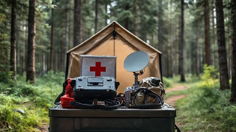 photorealistic, professional photography, 8K, cinematic lighting, sharp focus, depth of field, shot on a high-end DSLR, a well-equipped glamping first-aid station with a satellite communication device prominently displayed, set against a backdrop of a dense, pristine forest, with a subtle path leading into the wilderness, symbolizing safety and preparedness in remote luxury settings. photorealistic, professional photography, 8K, cinematic lighting, sharp focus, depth of field, shot on a high-end DSLR, a well-equipped glamping first-aid station with a satellite communication device prominently displayed, set against a backdrop of a dense, pristine forest, with a subtle path leading into the wilderness, symbolizing safety and preparedness in remote luxury settings.