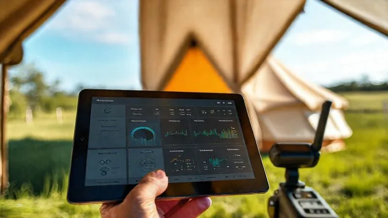 photorealistic, professional photography, 8K, cinematic lighting, sharp focus, depth of field, shot on a high-end DSLR, a tablet displaying a sophisticated remote monitoring dashboard for a glamping site, showing real-time data for power, water, and tent temperatures, with a remote, luxurious glamping tent visible in the background through a window, symbolizing technological efficiency in a natural setting. photorealistic, professional photography, 8K, cinematic lighting, sharp focus, depth of field, shot on a high-end DSLR, a tablet displaying a sophisticated remote monitoring dashboard for a glamping site, showing real-time data for power, water, and tent temperatures, with a remote, luxurious glamping tent visible in the background through a window, symbolizing technological efficiency in a natural setting.