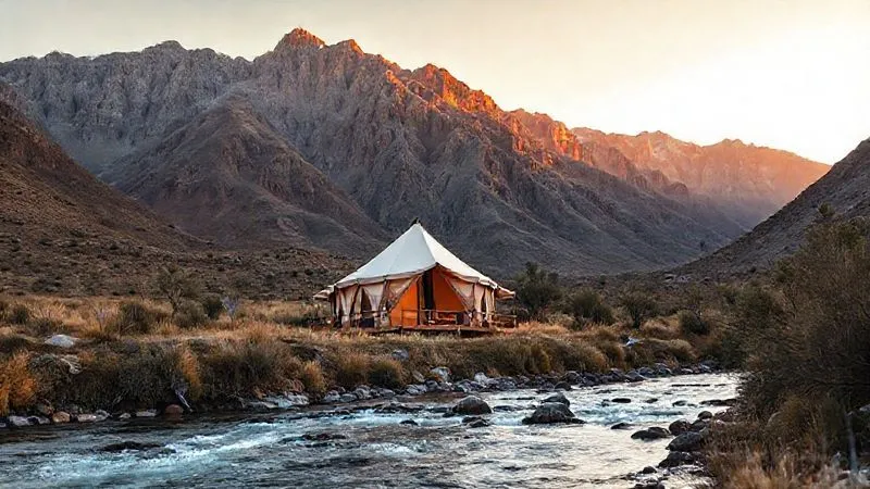 A luxurious glamping tent nestled dramatically at the base of a rugged mountain range, with a clear river in the foreground, golden hour, photorealistic, professional photography, 8K, cinematic lighting, sharp focus, depth of field, shot on a high-end DSLR.
