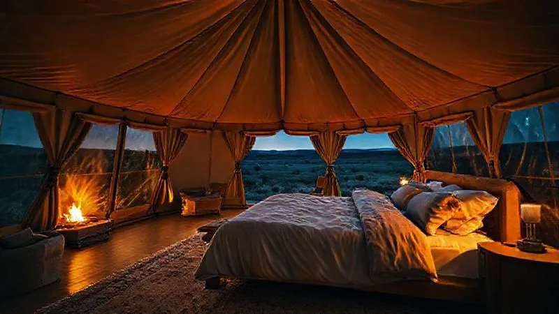 The interior of a lavish glamping tent at night, showcasing a king-sized bed with plush linens, ambient warm lighting, a fireplace, and large windows revealing a starry night sky over a wilderness landscape, photorealistic, professional photography, 8K, cinematic lighting, sharp focus, depth of field, shot on a high-end DSLR.