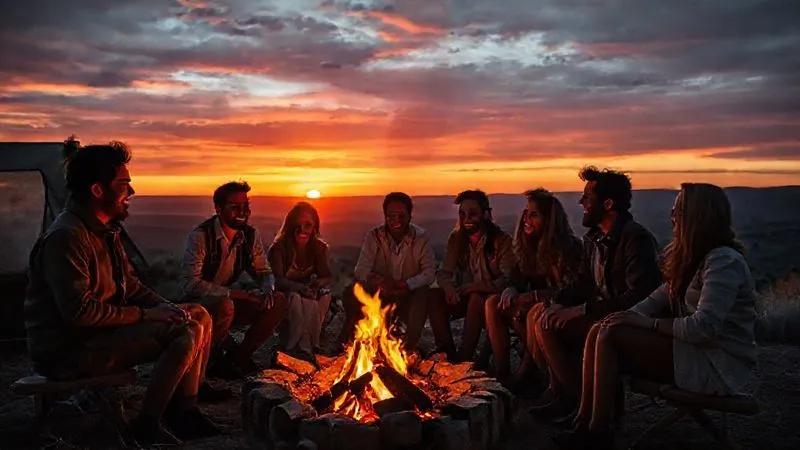 A diverse group of well-dressed adventurers laughing around a campfire outside a luxury glamping tent, silhouetted against a vibrant sunset over a dramatic landscape, photorealistic, professional photography, 8K, cinematic lighting, sharp focus, depth of field, shot on a high-end DSLR.