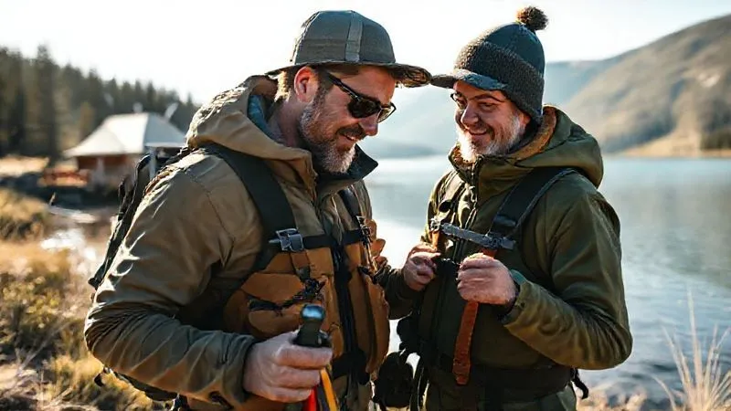 A professional guide assisting a guest with high-quality adventure gear near a pristine lake, with a luxury glamping site visible in the background, bright daylight, photorealistic, professional photography, 8K, cinematic lighting, sharp focus, depth of field, shot on a high-end DSLR.