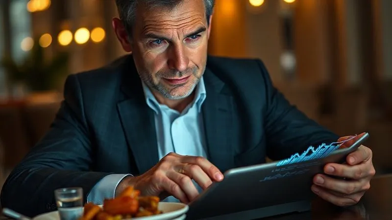 photorealistic, professional photography, 8K, cinematic lighting, sharp focus, depth of field, shot on a high-end DSLR, A distinguished executive, mid-40s, looking intensely at a complex financial chart on a tablet, lines of fatigue subtly etched on their face, an untouched gourmet meal beside them, conveying mental overload and a struggle to disconnect from work.