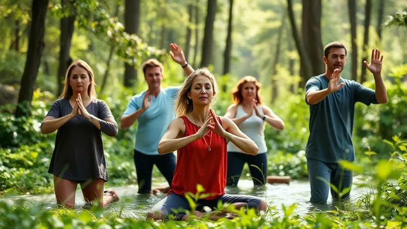 photorealistic, professional photography, 8K, cinematic lighting, sharp focus, depth of field, shot on a high-end DSLR, A diverse group of executives, dressed in comfortable athleisure, engaged in a mindful group activity like forest bathing or a gentle tai chi session in a lush, natural setting, conveying peace and connection without overt strenuous exercise.