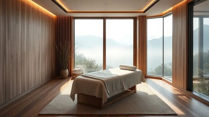 photorealistic, professional photography, 8K, cinematic lighting, sharp focus, depth of field, shot on a high-end DSLR, A luxurious, minimalist spa treatment room with soft, indirect lighting, natural wood accents, a large window overlooking a misty mountain range, a single massage bed with clean white linens, evoking profound peace and high-end serenity.