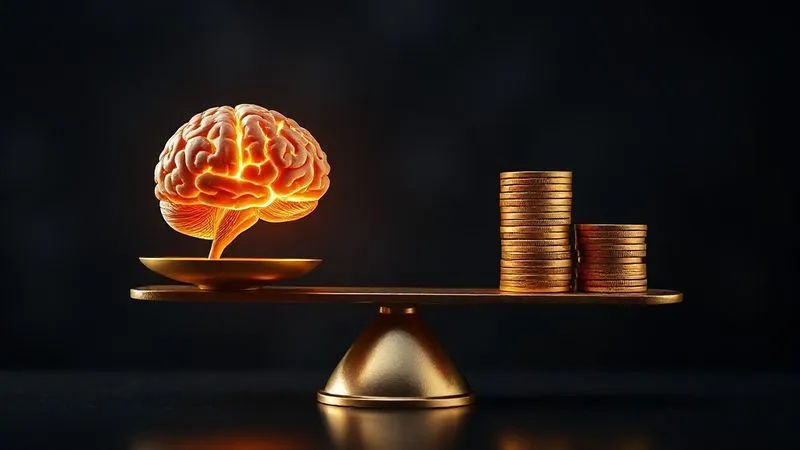 photorealistic, professional photography, 8K, cinematic lighting, sharp focus, depth of field, shot on a high-end DSLR, A conceptual image of a perfectly balanced scale, with a glowing, healthy brain on one side and a stack of gold coins on the other, both in equilibrium, symbolizing the equal value of investing in mental well-being for executive success and financial return.