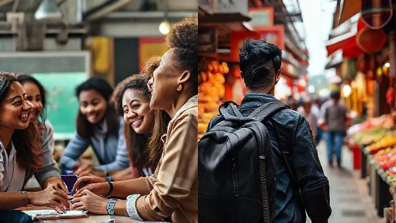 A split image or composite showing two contrasting scenes: on one side, a group of diverse professionals laughing and working together on a structured community project in a vibrant international setting, suggesting organized volunteering. On the other side, a single, determined professional (focused, perhaps with a backpack) navigating a bustling foreign market alone, symbolizing independent travel and volunteering. Photorealistic, professional photography, 8K, cinematic lighting, sharp focus, depth of field, shot on a high-end DSLR. A split image or composite showing two contrasting scenes: on one side, a group of diverse professionals laughing and working together on a structured community project in a vibrant international setting, suggesting organized volunteering. On the other side, a single, determined professional (focused, perhaps with a backpack) navigating a bustling foreign market alone, symbolizing independent travel and volunteering. Photorealistic, professional photography, 8K, cinematic lighting, sharp focus, depth of field, shot on a high-end DSLR.