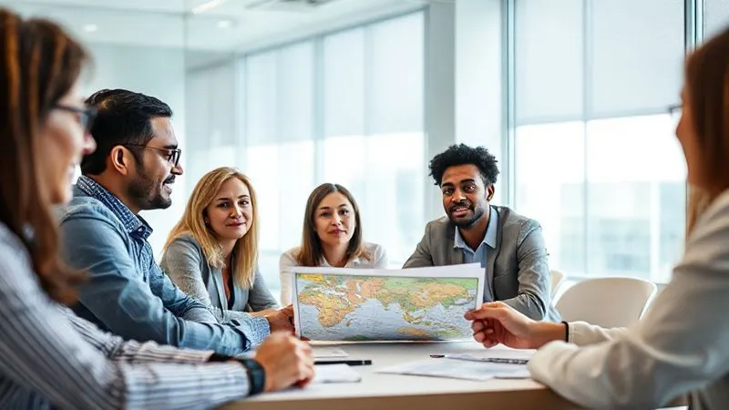 A diverse group of professionals (30s-50s) engaged in a pre-departure briefing or cultural sensitivity training, perhaps looking at maps or presentation slides about a foreign culture. They are attentive and engaged, seated around a table in a bright, modern room. Photorealistic, professional photography, 8K, cinematic lighting, sharp focus, depth of field, shot on a high-end DSLR. A diverse group of professionals (30s-50s) engaged in a pre-departure briefing or cultural sensitivity training, perhaps looking at maps or presentation slides about a foreign culture. They are attentive and engaged, seated around a table in a bright, modern room. Photorealistic, professional photography, 8K, cinematic lighting, sharp focus, depth of field, shot on a high-end DSLR.