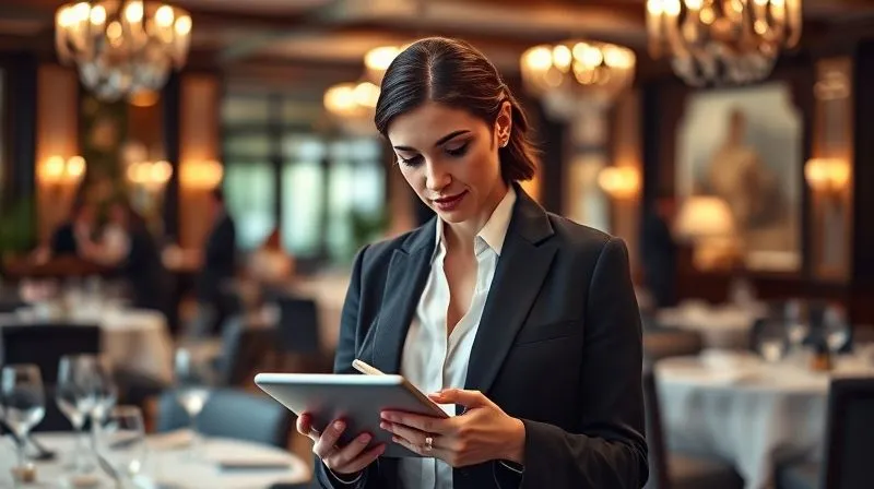 A photorealistic, professional image of a well-dressed event planner discreetly checking details on a tablet, with a blurred background of a bustling, elegant restaurant interior. The planner has a focused, calm expression, embodying flawless execution. Cinematic lighting, sharp focus on the tablet and planner, depth of field blurring the background. 8K hyper-detailed shot on a high-end DSLR, conveying efficiency and attention to detail. A photorealistic, professional image of a well-dressed event planner discreetly checking details on a tablet, with a blurred background of a bustling, elegant restaurant interior. The planner has a focused, calm expression, embodying flawless execution. Cinematic lighting, sharp focus on the tablet and planner, depth of field blurring the background. 8K hyper-detailed shot on a high-end DSLR, conveying efficiency and attention to detail.