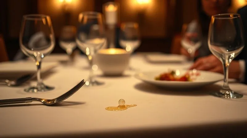 A photorealistic, professional image depicting a subtle but noticeable misstep in a fine dining setting. Perhaps a waiter accidentally spills a single drop on the tablecloth, or a client looks slightly uncomfortable with an unexpected dish. The scene is elegant, but a small detail creates tension. Cinematic lighting, sharp focus on the 'problem' area, depth of field blurring the rest of the table. 8K hyper-detailed shot on a high-end DSLR, conveying a moment of minor disruption. A photorealistic, professional image depicting a subtle but noticeable misstep in a fine dining setting. Perhaps a waiter accidentally spills a single drop on the tablecloth, or a client looks slightly uncomfortable with an unexpected dish. The scene is elegant, but a small detail creates tension. Cinematic lighting, sharp focus on the 'problem' area, depth of field blurring the rest of the table. 8K hyper-detailed shot on a high-end DSLR, conveying a moment of minor disruption.