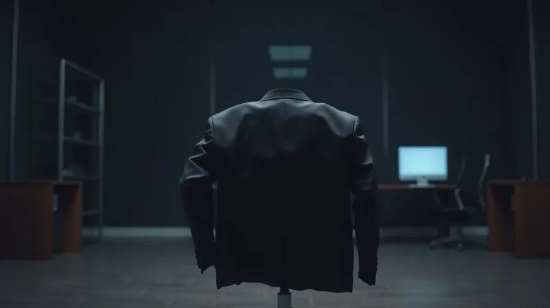 Photorealistic, professional photography, 8K, cinematic lighting, sharp focus, depth of field, shot on a high-end DSLR: A single, crumpled business suit jacket draped over an office chair in a dimly lit, empty executive office at night, with a faint glow from a computer screen. The scene conveys a sense of exhaustion and abandonment, symbolising executive burnout.