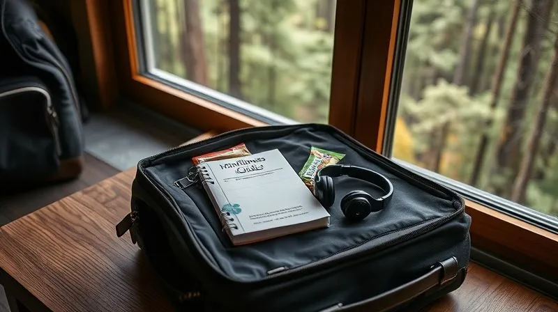 Photorealistic, professional photography, 8K, cinematic lighting, sharp focus, depth of field, shot on a high-end DSLR: A neatly organised travel bag, with a journal, a small mindfulness guide book, noise-cancelling headphones, and a healthy snack bar visible, placed on a wooden table next to a window overlooking a tranquil forest. The scene evokes preparedness and intention for a peaceful escape.
