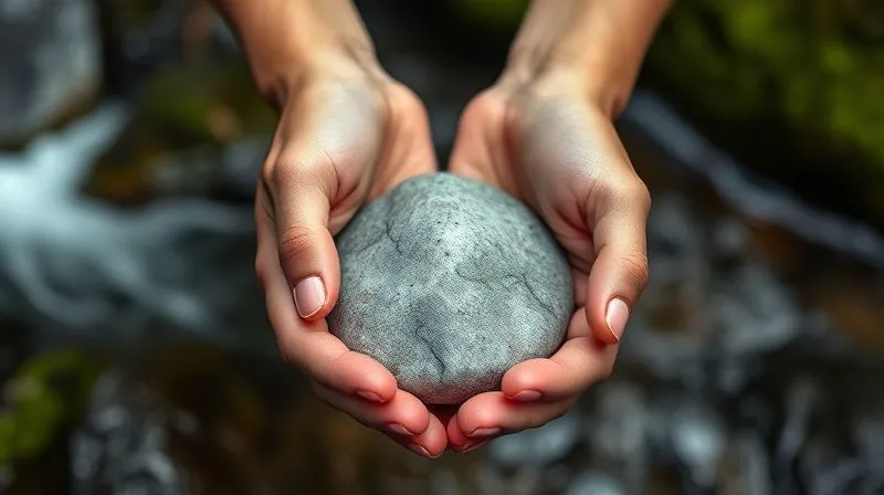 Photorealistic, professional photography, 8K, cinematic lighting, sharp focus, depth of field, shot on a high-end DSLR: A pair of hands gently holding a smooth, grey river stone, with the background blurred to show a flowing stream and lush green moss. The focus is on the textured stone and the peaceful, contemplative gesture, evoking mindfulness and connection to nature.