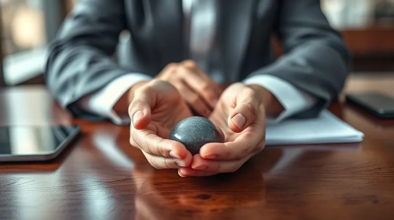 Photorealistic, professional photography, 8K, cinematic lighting, sharp focus, depth of field, shot on a high-end DSLR: An executive's hands gently holding a small, smooth worry stone on a polished wooden desk, with a blurred background showing a modern, minimalist office space. The scene suggests a moment of calm and focus amidst a busy work environment, integrating mindfulness into daily life.