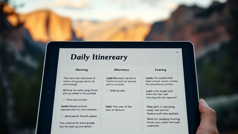 A beautifully designed daily itinerary displayed on a tablet, showing flexible options for morning, afternoon, and evening activities in a national park. The background shows a blurred national park landscape. Photorealistic, professional photography, 8K, cinematic lighting, sharp focus, depth of field, shot on a high-end DSLR. Emphasize flexibility and choice. A beautifully designed daily itinerary displayed on a tablet, showing flexible options for morning, afternoon, and evening activities in a national park. The background shows a blurred national park landscape. Photorealistic, professional photography, 8K, cinematic lighting, sharp focus, depth of field, shot on a high-end DSLR. Emphasize flexibility and choice.