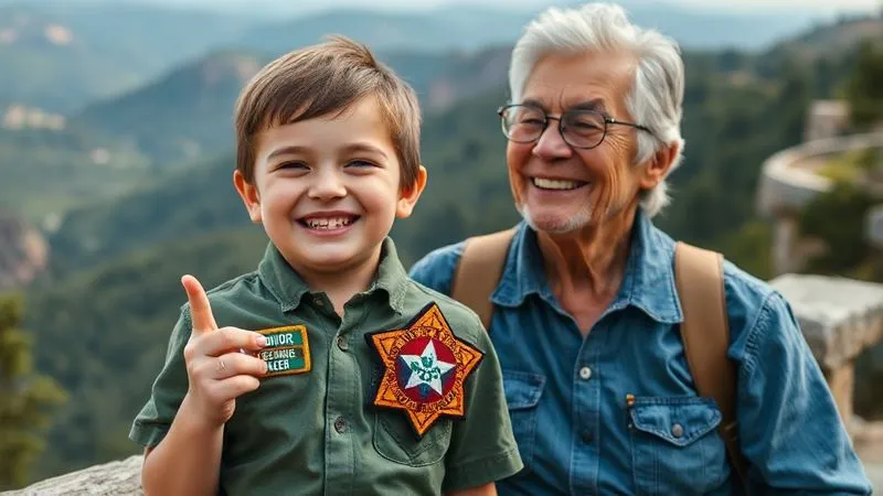 A happy young child proudly displaying a newly earned Junior Ranger badge, with a senior family member smiling beside them, both looking out at a scenic national park vista. Photorealistic, professional photography, 8K, cinematic lighting, sharp focus, depth of field, shot on a high-end DSLR. Emphasize intergenerational bonding and achievement. A happy young child proudly displaying a newly earned Junior Ranger badge, with a senior family member smiling beside them, both looking out at a scenic national park vista. Photorealistic, professional photography, 8K, cinematic lighting, sharp focus, depth of field, shot on a high-end DSLR. Emphasize intergenerational bonding and achievement.