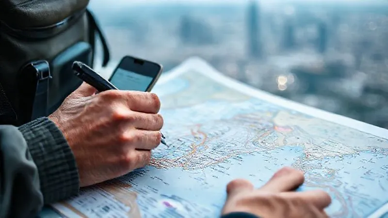 A photorealistic image of a traveler's hand meticulously highlighting safety notes on a physical map, next to a smartphone displaying travel advisories. The scene is well-lit, professional photography, 8K, cinematic lighting, sharp focus on the map and phone, depth of field blurring a distant city skyline. Shot on a high-end DSLR, evoking careful preparation. A photorealistic image of a traveler's hand meticulously highlighting safety notes on a physical map, next to a smartphone displaying travel advisories. The scene is well-lit, professional photography, 8K, cinematic lighting, sharp focus on the map and phone, depth of field blurring a distant city skyline. Shot on a high-end DSLR, evoking careful preparation.