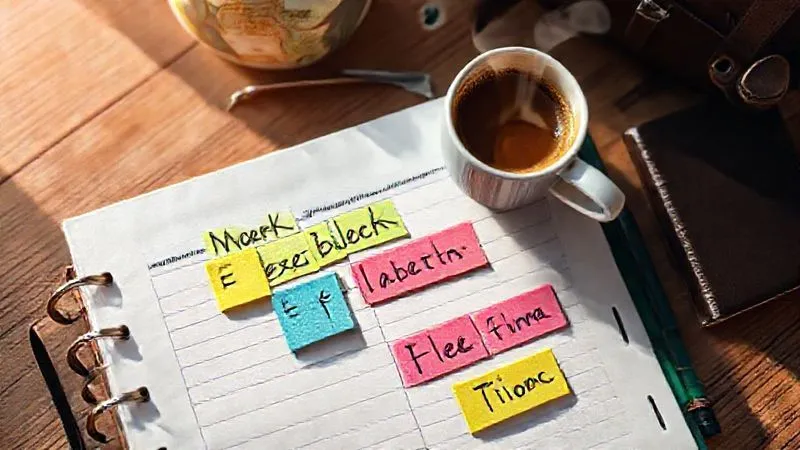 A photorealistic overhead shot of a neatly organized travel planner with colorful sticky notes indicating 'Work Block', 'Exploration', 'Relaxation', and 'Flex Time'. A steaming cup of coffee and a small, elegant travel journal are nearby. Soft morning light, professional photography, 8K, cinematic lighting, sharp focus on the planner, depth of field blurring the background. Shot on a high-end DSLR, conveying balance and mindfulness. A photorealistic overhead shot of a neatly organized travel planner with colorful sticky notes indicating 'Work Block', 'Exploration', 'Relaxation', and 'Flex Time'. A steaming cup of coffee and a small, elegant travel journal are nearby. Soft morning light, professional photography, 8K, cinematic lighting, sharp focus on the planner, depth of field blurring the background. Shot on a high-end DSLR, conveying balance and mindfulness.