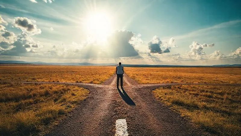 A photorealistic image of a lone figure standing at a crossroads in a vast, open landscape, sunlight breaking through clouds, symbolizing choice, opportunity, and the courage to forge a new path. Professional photography, 8K, cinematic lighting, sharp focus, depth of field.