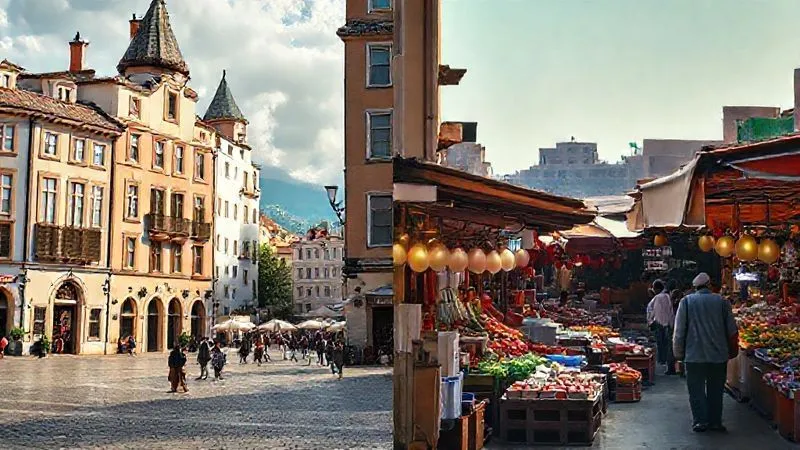 A photorealistic split image showing two contrasting travel scenes: one side depicts a serene, familiar European town square, while the other shows a bustling, vibrant market in a distant, exotic city. The division symbolizes choice between comfort and challenge. Professional photography, 8K, cinematic lighting, sharp focus, depth of field.