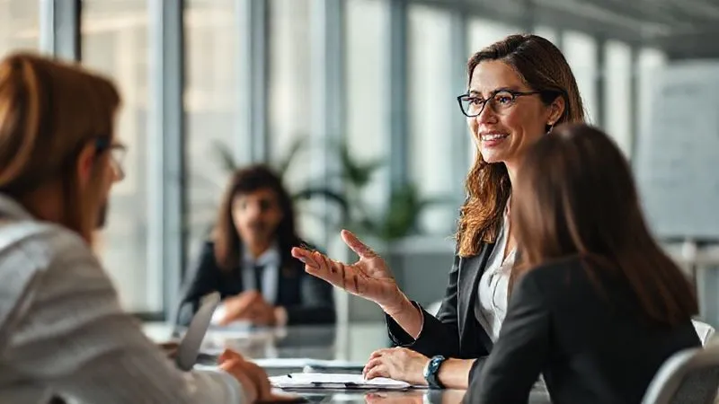 A photorealistic image of a professional woman confidently leading a team meeting in a modern, sunlit office. She is making eye contact and gesturing assuredly, while her team members are engaged. The scene exudes competence and leadership. Professional photography, 8K, cinematic lighting, sharp focus, depth of field.