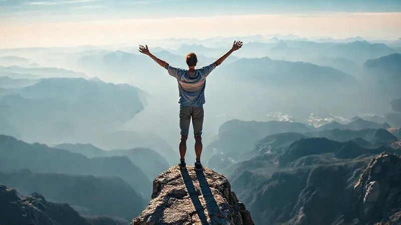 A photorealistic image of a person standing on a cliff edge, arms outstretched, facing a breathtaking panoramic view of mountains and a clear sky, symbolizing freedom, triumph, and embracing the future. Professional photography, 8K, cinematic lighting, sharp focus, depth of field, vibrant colors.