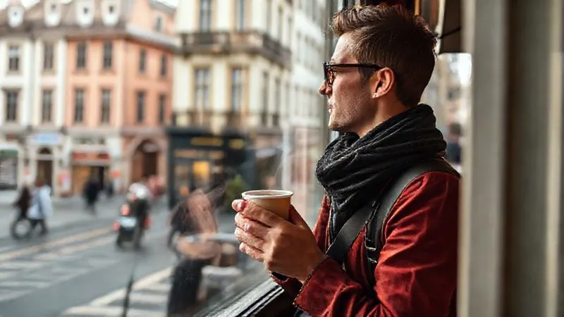 A photorealistic, professional photography, 8K, cinematic lighting, sharp focus, depth of field, shot on a high-end DSLR, of a traveler calmly observing a historic European street scene from a cafe window, holding a single cup of coffee, with a sense of peaceful contemplation and unhurried immersion. The street outside is bustling but not chaotic, with soft morning light. A photorealistic, professional photography, 8K, cinematic lighting, sharp focus, depth of field, shot on a high-end DSLR, of a traveler calmly observing a historic European street scene from a cafe window, holding a single cup of coffee, with a sense of peaceful contemplation and unhurried immersion. The street outside is bustling but not chaotic, with soft morning light.
