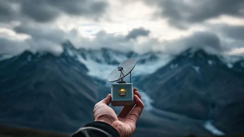 photorealistic, professional photography, 8K, cinematic lighting, sharp focus, depth of field, shot on a high-end DSLR. A hand holding a glowing satellite communication device against the backdrop of a vast, rugged Patagonian mountain range, with dramatic clouds and a sense of urgent communication.