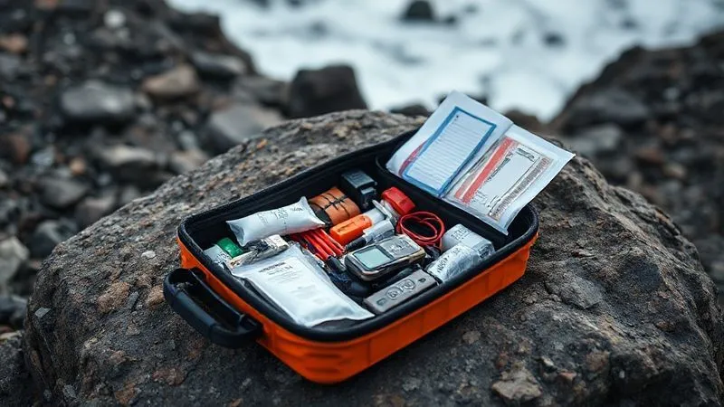 photorealistic, professional photography, 8K, cinematic lighting, sharp focus, depth of field, shot on a high-end DSLR. A meticulously organized, waterproof expedition medical kit laid open on a rugged rock surface in a remote wilderness. Contents are clearly visible: trauma dressings, an array of medications, a pulse oximeter, and a satellite messenger, all ready for use.
