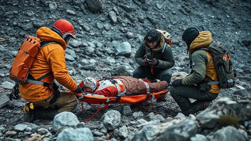 photorealistic, professional photography, 8K, cinematic lighting, sharp focus, depth of field, shot on a high-end DSLR. A team of three expedition members practicing a simulated medical evacuation drill in a remote, rocky wilderness. One person is acting as the patient, carefully stabilized on a stretcher, while the others are communicating via satellite phone and preparing for transport. The scene is focused and intense, showing teamwork and preparedness.
