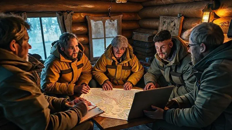 photorealistic, professional photography, 8K, cinematic lighting, sharp focus, depth of field, shot on a high-end DSLR. A small, diverse expedition team gathered around a map and a laptop in a cozy, rustic cabin after a challenging trip. They are engaged in a serious debriefing, with notebooks open and thoughtful expressions, discussing lessons learned from a simulated or real emergency. A warm glow from a lantern illuminates their faces.