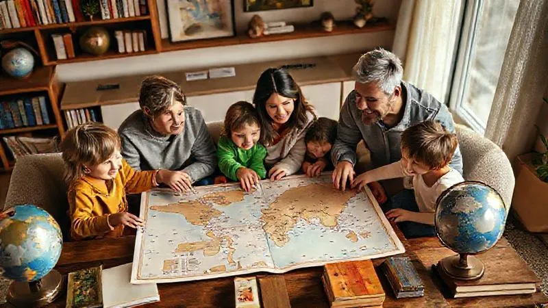 A photorealistic image of a family gathered around a coffee table, a large atlas open, children pointing to destinations, parents smiling and explaining, surrounded by travel books and globes. Warm, inviting cinematic lighting, sharp focus on the family and atlas, 8K hyper-detailed.