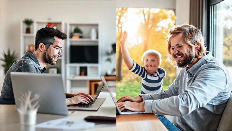A photorealistic image of a split screen: on one side, a parent is working diligently at a laptop in a modern home office; on the other, the same parent is smiling and playing with their child in a natural outdoor setting, symbolizing work-life integration. Cinematic lighting, sharp focus on both scenes, 8K hyper-detailed.