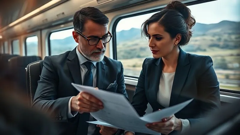 A photorealistic, professional photography, 8K, cinematic lighting, sharp focus, depth of field, shot on a high-end DSLR. Two diverse executives are deeply engaged in a discussion over a strategy document, framed by the elegant window of a luxury train. One points thoughtfully at a diagram, while the other listens intently, both dressed in sophisticated business attire. The blurred, beautiful landscape passes by in the background, symbolizing focus amidst inspiration and movement.