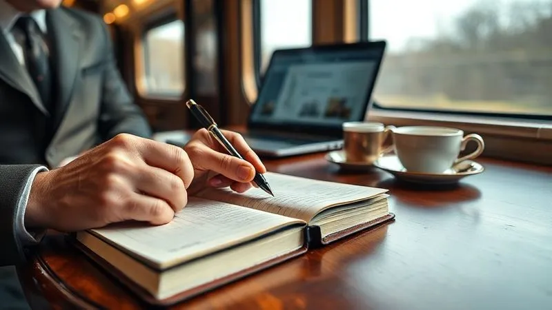 A photorealistic, professional photography, 8K, cinematic lighting, sharp focus, depth of field, shot on a high-end DSLR. A detailed close-up of a hand writing notes in a leather-bound journal, with an elegant pen, on a polished wooden table inside a luxury train. A partially visible laptop shows an offline presentation, and a cup of elegant tea is nearby. The focus is on productive work in a refined, moving setting, with a subtle blur of scenery outside the window.