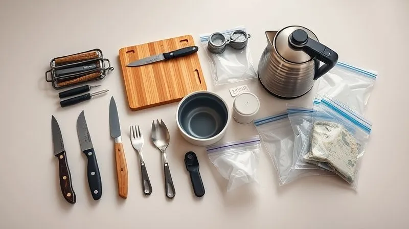 photorealistic, professional photography, 8K, cinematic lighting, sharp focus, depth of field, shot on a high-end DSLR. A compact, organized collection of essential budget travel cooking gear laid out on a clean, light-colored surface. Items include a small sharp knife, a foldable bamboo cutting board, a reusable spork, a collapsible silicone bowl, a small electric travel kettle, and several clear, sealable silicone food bags. The background is softly blurred, suggesting a minimalist travel environment. photorealistic, professional photography, 8K, cinematic lighting, sharp focus, depth of field, shot on a high-end DSLR. A compact, organized collection of essential budget travel cooking gear laid out on a clean, light-colored surface. Items include a small sharp knife, a foldable bamboo cutting board, a reusable spork, a collapsible silicone bowl, a small electric travel kettle, and several clear, sealable silicone food bags. The background is softly blurred, suggesting a minimalist travel environment.