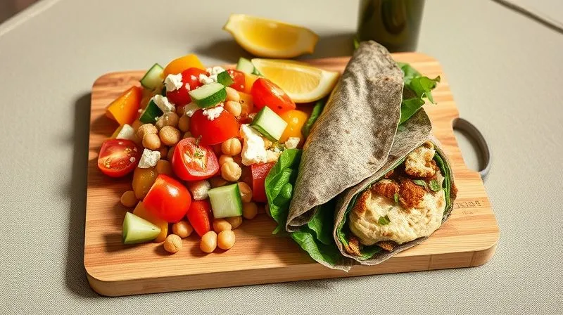 photorealistic, professional photography, 8K, cinematic lighting, sharp focus, depth of field, shot on a high-end DSLR. A vibrant, artfully arranged no-cook meal for a traveler, displayed on a small, clean portable cutting board. The meal features a colorful salad with chopped bell peppers, cherry tomatoes, cucumber, canned chickpeas, and crumbled feta cheese, alongside a whole-grain wrap filled with hummus and fresh spinach. A small bottle of olive oil and a lemon wedge are nearby. The setting is bright and inviting, perhaps on a rustic wooden table or a picnic blanket with a blurred scenic background. photorealistic, professional photography, 8K, cinematic lighting, sharp focus, depth of field, shot on a high-end DSLR. A vibrant, artfully arranged no-cook meal for a traveler, displayed on a small, clean portable cutting board. The meal features a colorful salad with chopped bell peppers, cherry tomatoes, cucumber, canned chickpeas, and crumbled feta cheese, alongside a whole-grain wrap filled with hummus and fresh spinach. A small bottle of olive oil and a lemon wedge are nearby. The setting is bright and inviting, perhaps on a rustic wooden table or a picnic blanket with a blurred scenic background.