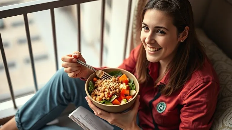 photorealistic, professional photography, 8K, cinematic lighting, sharp focus, depth of field, shot on a high-end DSLR. A cheerful solo traveler, perhaps in their late 20s, sitting comfortably on a hostel bunk or a simple guesthouse balcony, enjoying a vibrant, healthy, no-cook meal from a reusable bowl. The meal consists of a colorful grain salad with fresh vegetables, canned protein, and a sprinkle of seeds. The traveler has a contented smile, holding a reusable fork, with a travel journal and a map nearby. The lighting is soft and natural, emphasizing a sense of peaceful self-sufficiency. photorealistic, professional photography, 8K, cinematic lighting, sharp focus, depth of field, shot on a high-end DSLR. A cheerful solo traveler, perhaps in their late 20s, sitting comfortably on a hostel bunk or a simple guesthouse balcony, enjoying a vibrant, healthy, no-cook meal from a reusable bowl. The meal consists of a colorful grain salad with fresh vegetables, canned protein, and a sprinkle of seeds. The traveler has a contented smile, holding a reusable fork, with a travel journal and a map nearby. The lighting is soft and natural, emphasizing a sense of peaceful self-sufficiency.