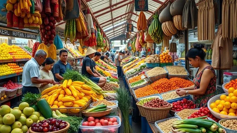 A photorealistic, professional photography, 8K, cinematic lighting, sharp focus, depth of field, shot on a high-end DSLR, capturing the bustling atmosphere of a vibrant, colorful local food market in Southeast Asia. Stalls are overflowing with exotic fruits, fresh vegetables, and various grains, with local vendors interacting with shoppers. The scene should evoke authenticity and abundance, with natural light highlighting the freshness of the produce.