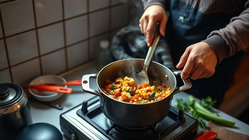 A photorealistic, professional photography, 8K, cinematic lighting, sharp focus, depth of field, shot on a high-end DSLR, of a traveler's hands stirring a simple, fragrant one-pot meal (like a vegetable stir-fry or lentil stew) on a portable gas stove in a clean, functional hostel kitchen. The scene should convey ease and resourcefulness, with fresh ingredients visible nearby and steam rising from the pot.