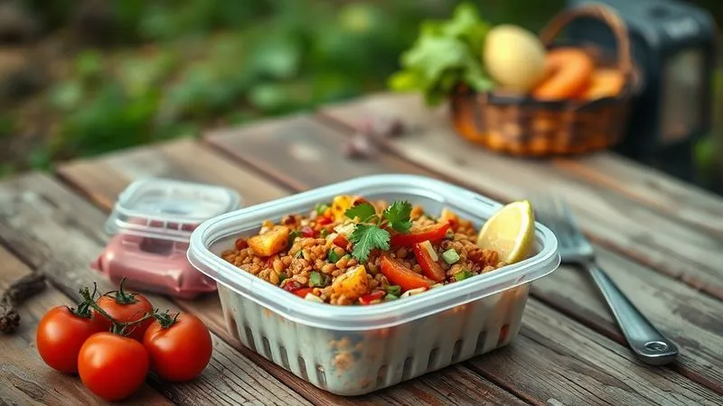 A photorealistic, professional photography, 8K, cinematic lighting, sharp focus, depth of field, shot on a high-end DSLR, of a beautifully arranged, vibrant, and simple budget meal, like a 'Budget Traveler's Lentil Salad', served in a reusable container on a worn wooden picnic table. The ingredients are clearly visible and fresh, with a rustic travel backdrop. The image should make the meal look appealing and achievable.