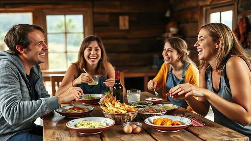 A photorealistic, professional photography, 8K, cinematic lighting, sharp focus, depth of field, shot on a high-end DSLR, depicting a diverse group of three to four young travelers laughing and sharing a simple, homemade meal on a rustic wooden table in a hostel common area or a scenic outdoor setting. The food is plentiful, colorful, and clearly budget-friendly, and the atmosphere is one of camaraderie and joy. Natural light illuminates the scene.