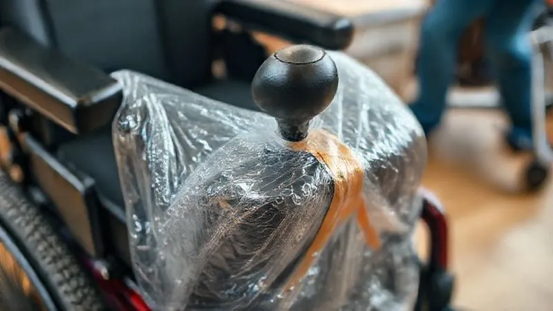 A photorealistic, close-up shot of a power wheelchair's joystick and control panel meticulously wrapped in heavy-duty bubble wrap and secured with strong tape, demonstrating careful protection. The background shows other parts of the wheelchair being prepared for travel. Professional photography, 8K, cinematic lighting, sharp focus, depth of field, shot on a high-end DSLR. A photorealistic, close-up shot of a power wheelchair's joystick and control panel meticulously wrapped in heavy-duty bubble wrap and secured with strong tape, demonstrating careful protection. The background shows other parts of the wheelchair being prepared for travel. Professional photography, 8K, cinematic lighting, sharp focus, depth of field, shot on a high-end DSLR.